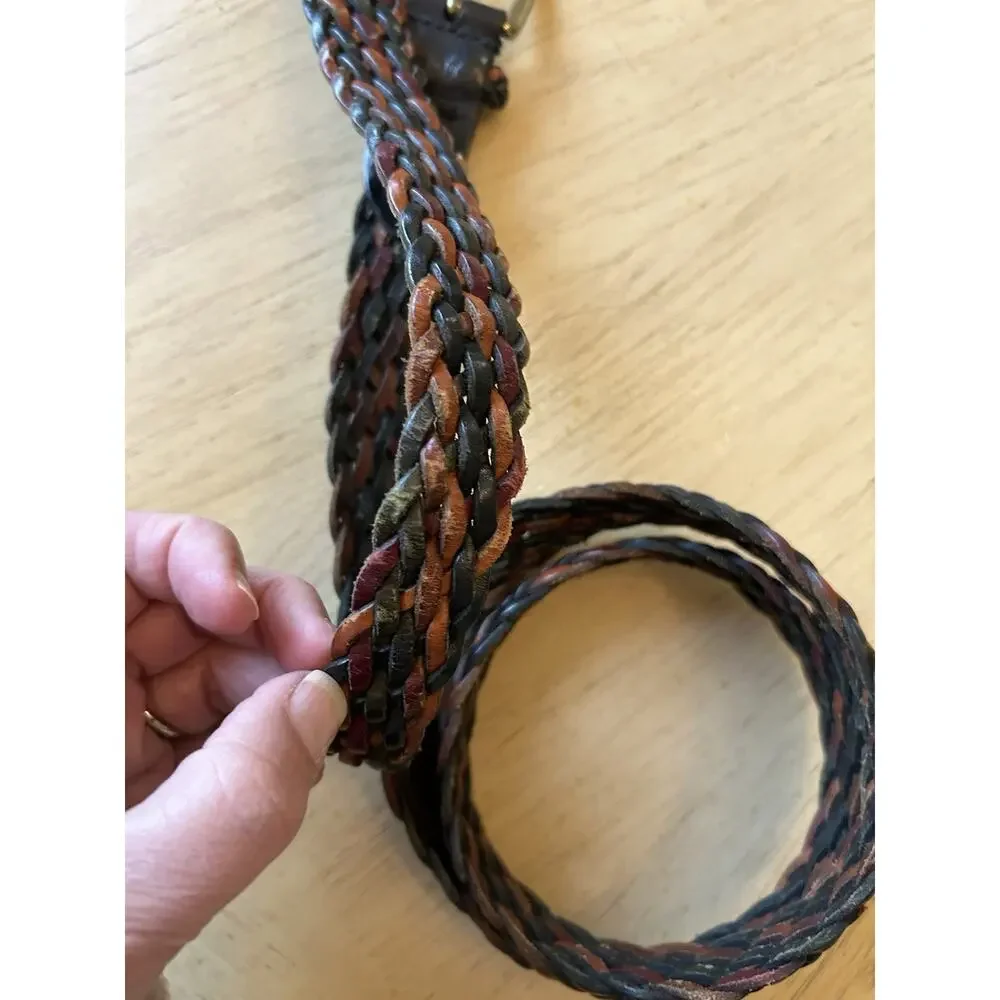 braided Belt 40 green tan Brass Buckle Leather Made In Turkey nautical preppy